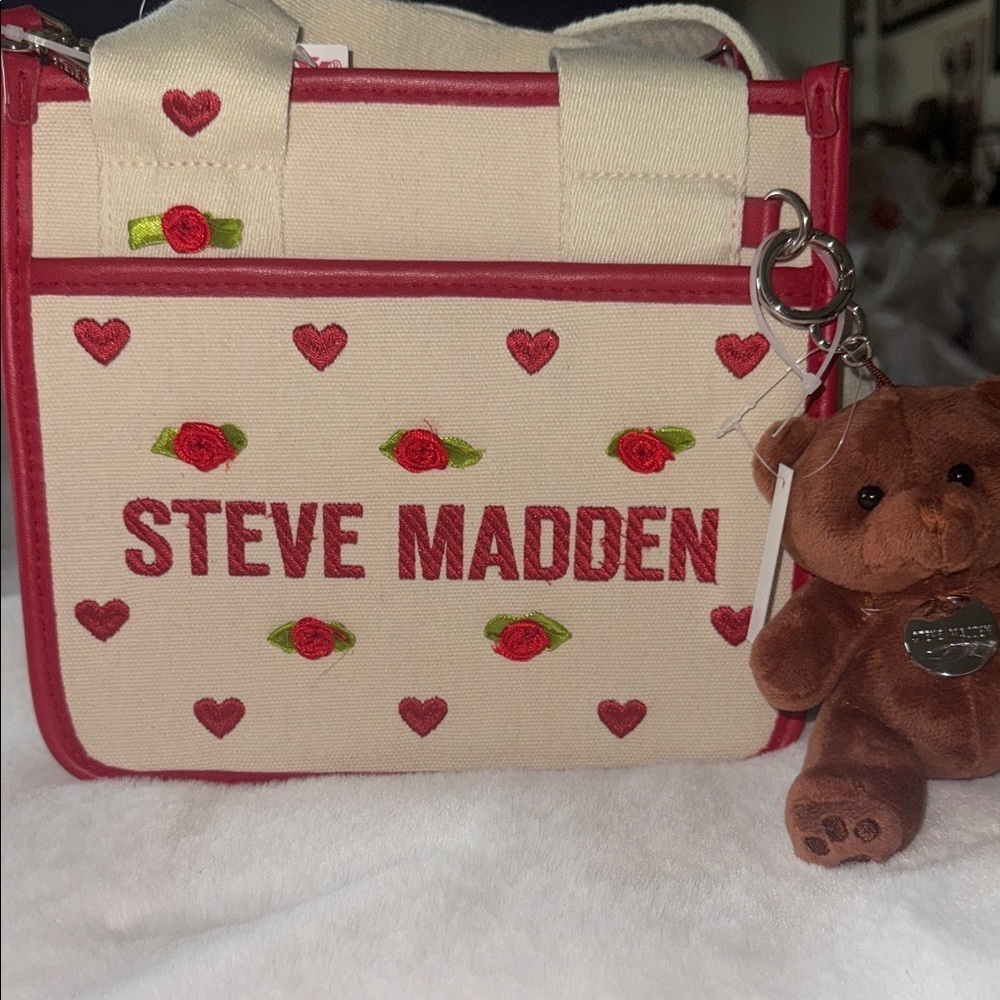 Steve Madden Valentine’s Day Heart Embroidered Tote with Teddy Keychain